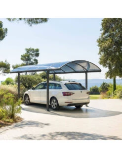 Carport Belize Noir - 2,94 X 5 X 2,23/2,50 - Aluminium, Acier Et Polycarbonate