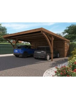 Carport Double LEON Traité Autoclave Teinté Marron De 28.4 M² Avec Annexe