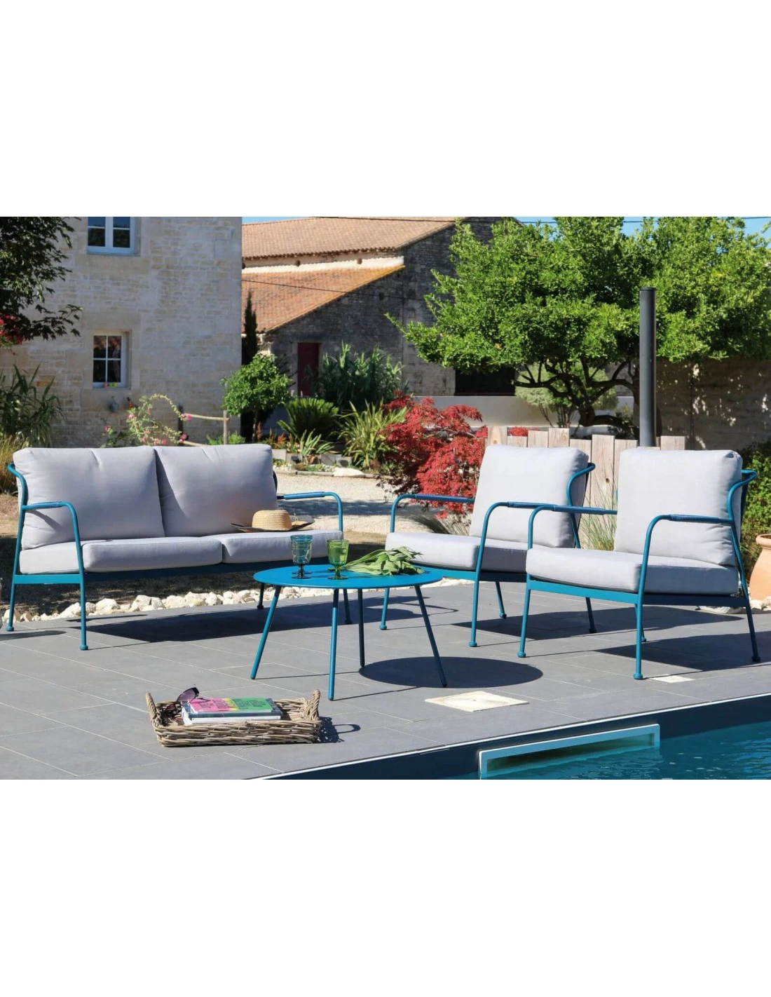 Salon De Jardin Noa 4 Places En Acier - Bleu/Beige Clair 4 Salon De Jardin Noa 4 Places En Acier - Bleu/Beige Clair - Image 4